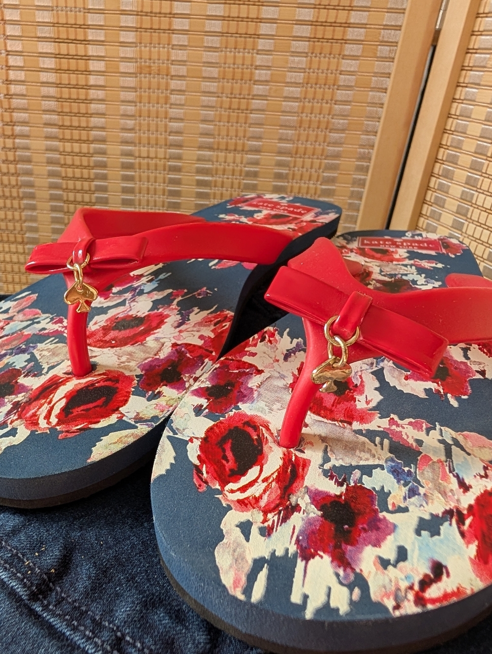 kate spade Navy Floral Flip Flops with Red Straps and Pink Accents - Picture 4 of 6